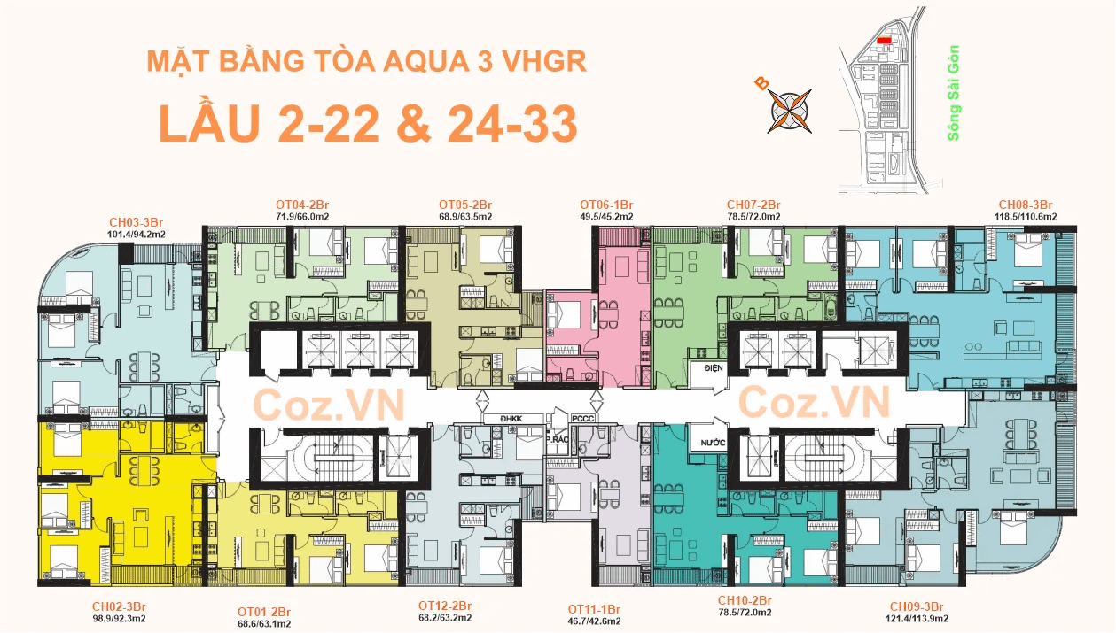 Mặt bằng (layout) lầu 2-22 & lầu 24-33 - Golden River Bason Quận 1