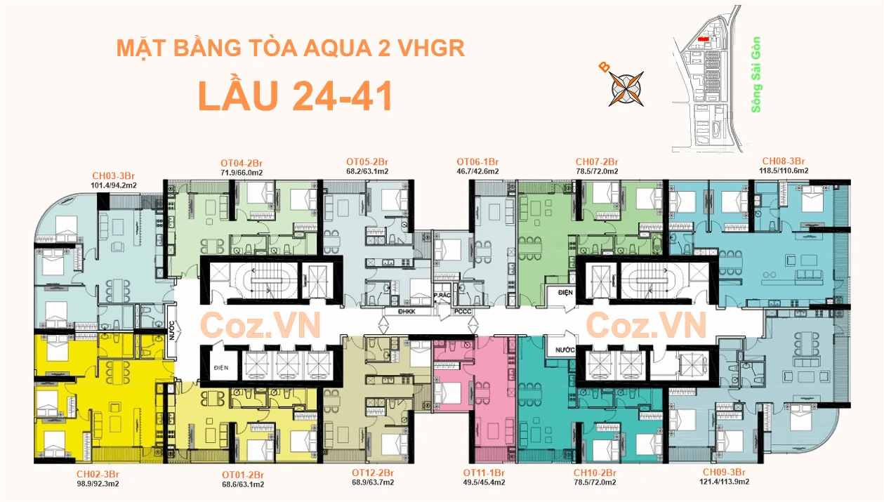mặt bằng (layout) lầu 24-41 Aqua 2 (A2) Vinhomes Bason Quận 1.
