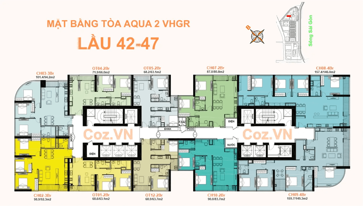 mặt bằng (layout) lầu 42-47 Aqua 2 (A2) Vinhomes Bason Quận 1, Hồ Chí Minh.