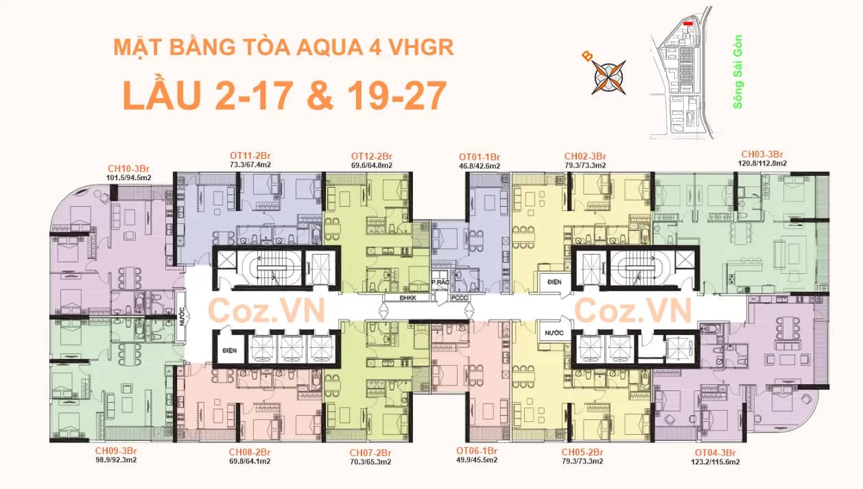 Mặt bằng (layout) Aqua 4 (A4) lầu 2-17 & 19-27 - Vinhomes Golden River Bason