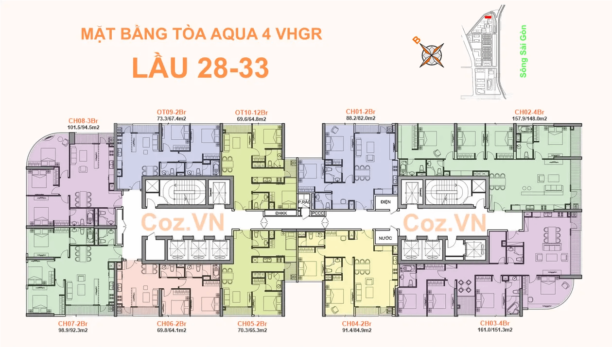 Mặt bằng (layout) Aqua 4 (A4) lầu 28-33 - Vinhomes Golden River Bason